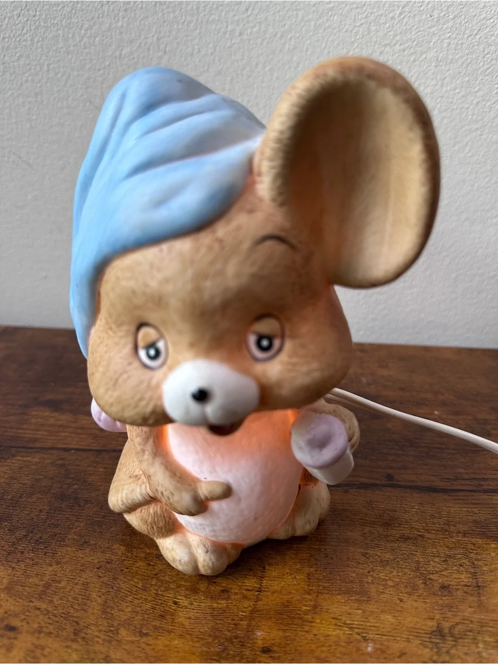 Vintage Josef Originals Sleepy Baby Mouse Ceramic Night Light Lamp Blue Hat 6